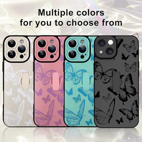 Image of for iPhone 14 Case with Finger Strap Holder, Cute Cool Butterfly Print Pattern Design for Women Men, Shockproof Anti Scratch Hand Kickstand Protective Cover, Gray