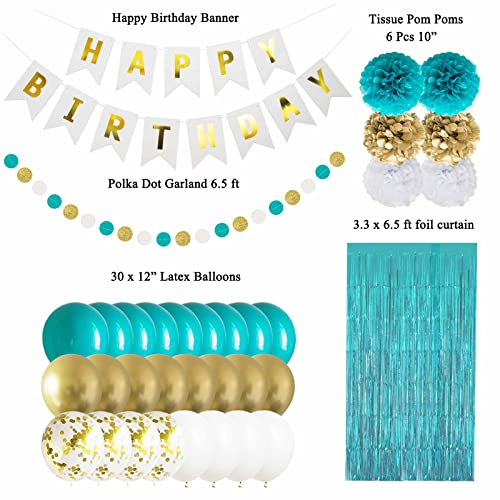 ANSOMO Teal Blue and Gold Happy Birthday Party Decorations Banner Turquoise Aqua Foil Fringe Curtain Tissue Pom Poms Balloons - Image 3