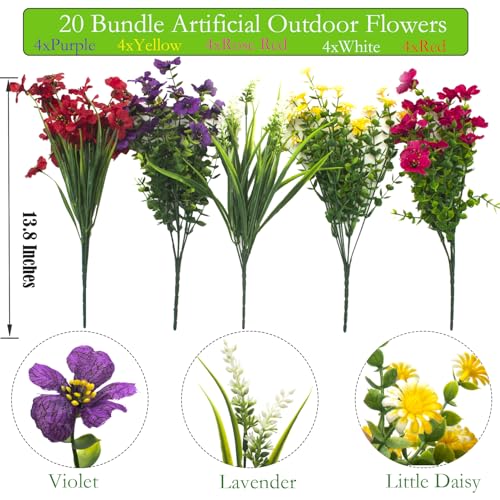 Image of Grunyia 20 Bundles Artificial Flowers Outdoor No Fade UV Resistant Fake Plastic Flowers Faux Plants for Garden Patio Porch Window Box Home Wedding Farmhouse Hanging Decor