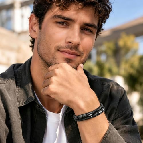 Christian Black Leather Bracelet for Men, Braided Leather Cross Adjustable - image 3