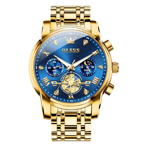Image of OLEVS Men Watches Stainless Steel Chronograph Watch, Large Wrist Analog Quartz Watch, Fashion Waterproof Diamond Roman Numerals Dress Watches for Men, Gold /Black /White /Blue /Grey Dial