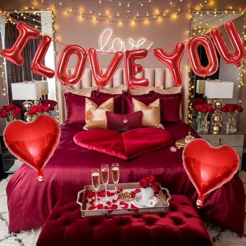 Image of I Love You Balloons Banner and Heart Shaped Balloon, Love Balloons Decorations for Him Her I Heart You Valentines Day Balloon for Valentine Day Romantic Wedding Anniversary Engagement Party Supplies