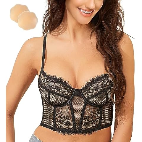 GARMERA Lace Balconette for Women Longline Sexy Bra Underwire Bralette with Silicone Nipple Sheer Bra(Black, 34DD) Cover