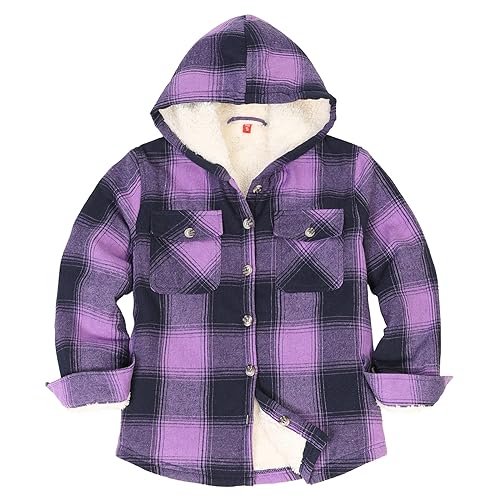 Image of ThCreasa Girls Sherpa Lined Plaid Button Hooded Jacket | Fully Interior Lined, Button Up, Flannel Outer, Family Photo Ready, School To Holiday Events, Fall Winter Shacket With Hood