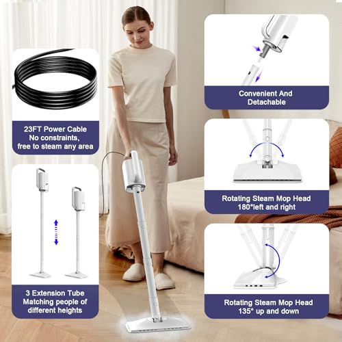 Image of Steam Cleaner, 6 in1 Rotated Steam Mop Cleaner with 2 Modes, 2 Microfiber Pads, 400ML Removable Tank, 23FT Power Cable, Detachable Steam Mops for Floor, Laminate Floor, Tiles Cleaning (Stone White)