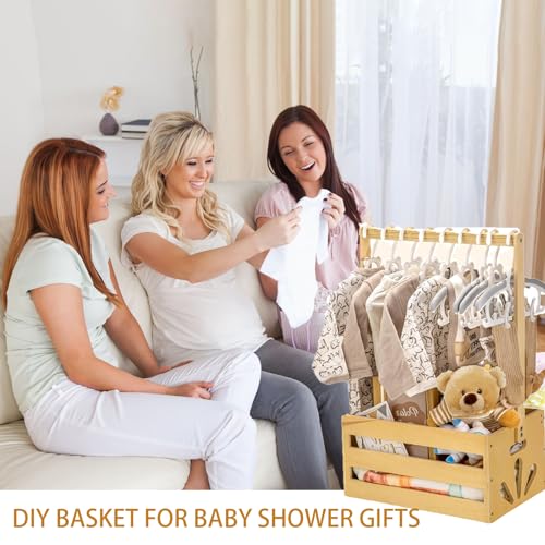 Image of Wooden Baby Shower Crate Closet, Newborn Baby Shower Basket with Handle for Pregnancy Announcement, Boys Girls Pregnancy Gifts for Baby Favors