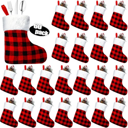 Honoson 60 Mini Christmas Stocking Bulk 5 Inch Red Black Buffalo Plaid Christmas Stocking Xmas Plush Cuff Stocks for Mantel Window Favor