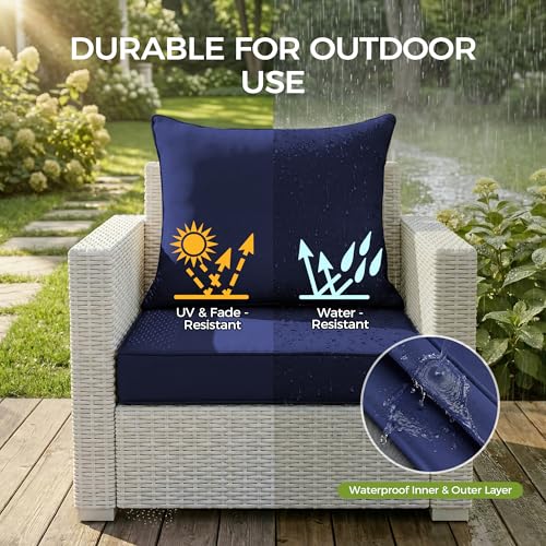 Image of UNIKOME 24 inchx24 inchx4 inch Outdoor Chair Cushions Set - Waterproof Patio Cushions for Outdoor Furniture with Removable Cover, Ties & Handle, Deep Seat Patio Cushions for Sofa Couch - Navy