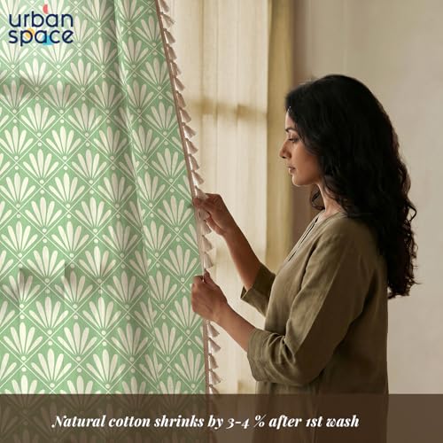 Image of Urban Space Printed 100% Cotton Curtains for Long Door, Combo Set of 3 Curtains 8 Feet, Tieback & Eyelets Included with Curtains for Home Decor (Amaya sage Green and Aura Beige, 8 Feet)