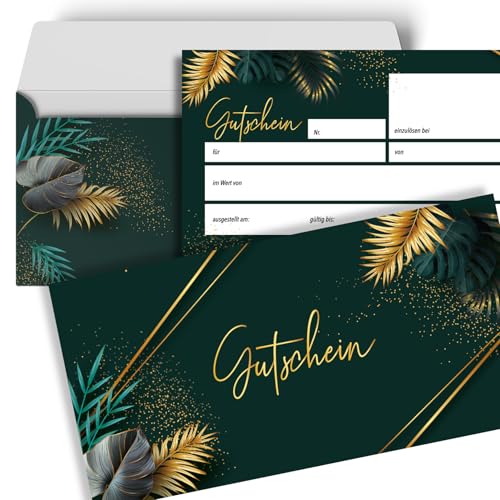 heaven+paper 50 Blanko Gutscheine mit Umschlägen zum Ausfüllen Geschenkgutschein für Restaurant, Massage, Nagelstudio, Friseur, Beauty, Einzelhandel, B2C (Jungle)