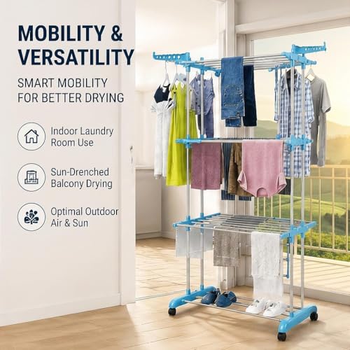 Image of SR Foldable Multi Layer Clothes Drying Stand with Wheels | Adjustable Stainless Steel Laundry Dryer Rack for Indoor & Outdoor | 3 Layer Drying Rack for Balcony | Movable Clothes Drying Stand