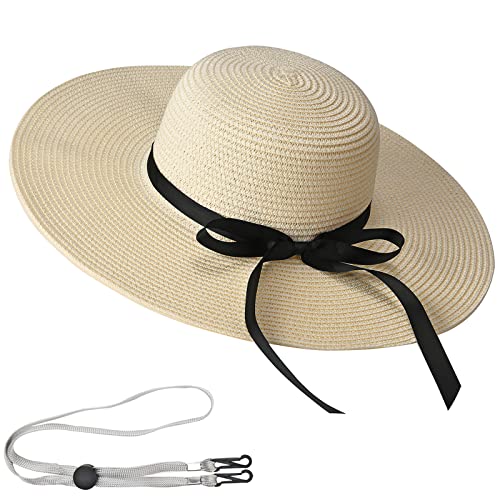 Exemaba Chapeau de paille pour femme - Chapeau de soleil pliable à large bord - Pour l'été et la plage, beige, M Cover
