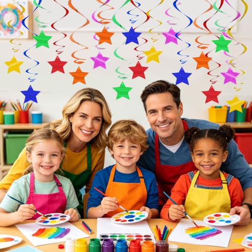 Image of BEISHID Assorted Rainbow Pre-Strung Stars Hanging Swirls Rainbow Hanging Decorations for Baby Shower Wedding Birthday Party Decorations Supplies,Pack of 18
