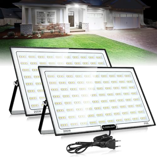 VAYALT Foco LED para exteriores de 200 W, 2 unidades, IP66 impermeable y superbrillante, 6500-7000 K, 20.000 lm, reflector LED de 230 V, foco LED con enchufe, reflector para jardín ligero, garaje
