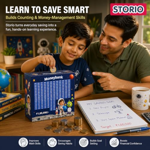 Image of Storio Astronaut Space Rs 100000 Savings Wooden Piggy Bank with Counter for Kids & Adults, Money Saving Box, Wooden Coin Bank with Number Counter, Cash Savings Bank, Coin Collection Box