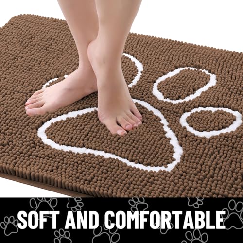 Image of Smiry Dog Door Mat for Muddy Paws, Absorbent Dirt Trapper Non Slip Quick Dry Washable Chenille Mat for Mud Dogs, Entry Rug for Indoor and Outdoor (48x30 Inches, Coffee and White)