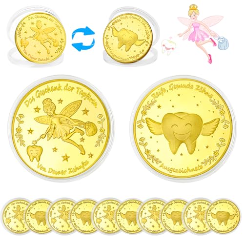 VEEKAY 10 Piezas Monedas de hadas de dientes, Hada de Dientes Monedas de Oro,Regalos Hada de Los Dientes, Moneda Conmemorativa Colección de Recuerdos Moneda para Diente Perdido Niños Regalos