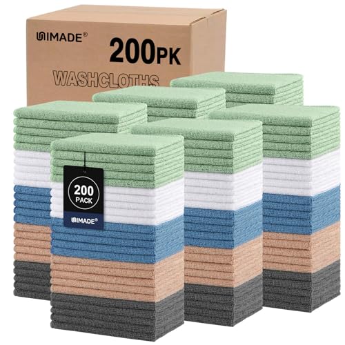 UNIMADE Washcloths Bulk 200 Pack Face Towels (12 x 12) Highly Soft Wash Cloths and Hand Towels Fast Drying Multi-Purpose Microfiber Cleansing Cloths for Bathroom Hotel Spa and Salon -Multicolor