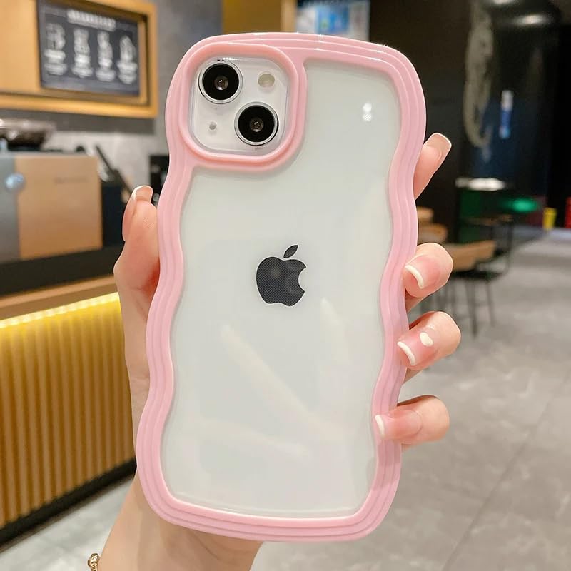 Image of ZR021 for iPhone 14 Back Case Cover | Wavy Border Transparent | Slim Fit | Camera Protection | Shockproof TPU Case - Pink