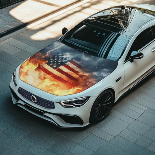 Image of Car Hood Cover Car Hood Protector Auto Banner All Weather Universal Auto Decorative Accessories for Compact Sedans SUV Trucks Minivan (US Flag Flames and Lightning Design)