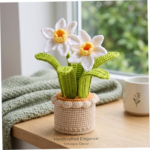 Narcisos de ganchillo regalo artesanal de flor tejida blanca con maceta de hilo 8