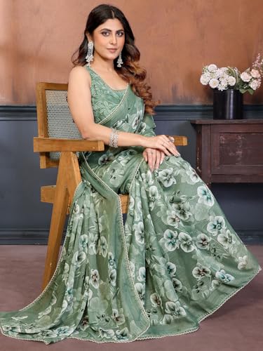 Image of Satrani Women's Georgette Floral Printed Saree with Unstitched Blouse Piece