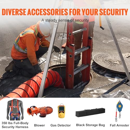 Image of VEVOR 2600 lbs Winch Confined Space Tripod Kit, Heavy Duty Rescue Tripod Lifting Hoist 98' Cable, 32.8' Fall Protection, 5-8ft Working Height, Portable Kit w /Harness Blower Gas detector