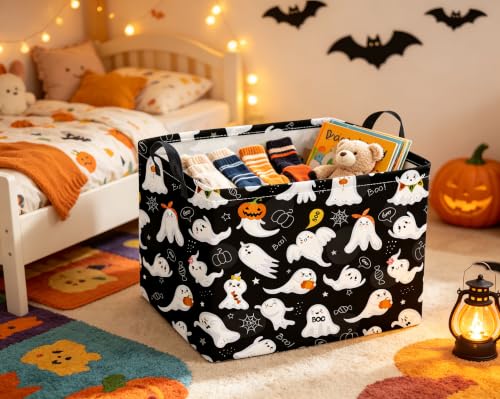 Image of Rectangular Halloween Basket for Boys and Girls Kids Trick or Treat Pumpkin Basket for Halloween Parties Cute Storage Bin Organizer Box Room Decor(Black Ghost)