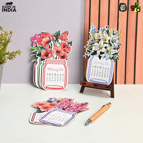 Image of GKD Paper Desk Calendar 2026 with Wooden Stand | Monthly Flip Calendar for Office, Home & Study Table | Aesthetic Floral Theme | Canning Jar Shaped | Eco-Friendly & Durable