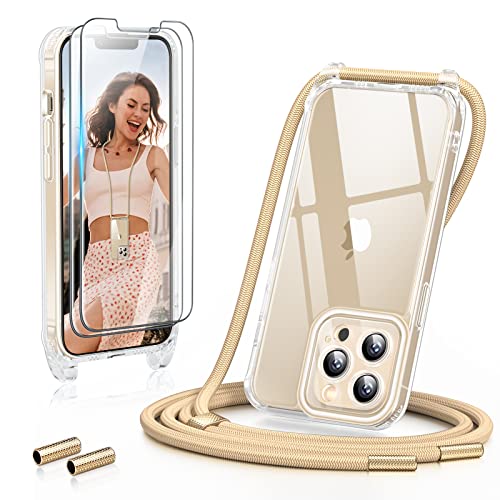 GOODVISH Łańcuszek na telefon komórkowy 5 w 1 do iPhone 13 Pro 6,1", z 2 sztukami folii ochronnej, ochrona 360°, ochrona aparatu, etui na szyję z paskiem na telefon komórkowy do zawieszenia | przezroczyste etui ze sznurkiem - złote