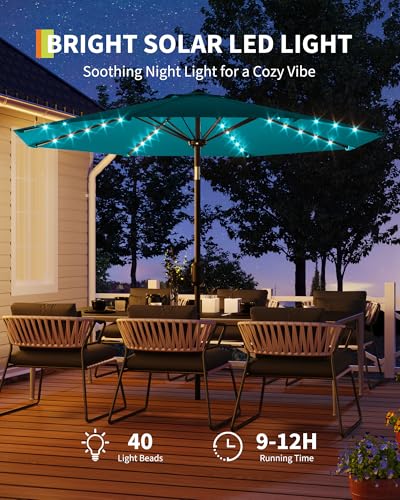 10 Ft Patio Umbrella with Solar Lights, 8 Ribs Outdoor Market Table Umbrella with 40 LED Lights & Tilt Crank for Pool, Deck, Backyard, Turquoise Blue