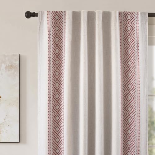 DriftAway Boho Linen Blackout Curtains Double Layer Thermal Insulated Farmhouse Vintage Geo Retro Square Printed Pattern Lined Drapes for Living Room Bedroom 84 Inches Long Back Tab 2 Panels Red