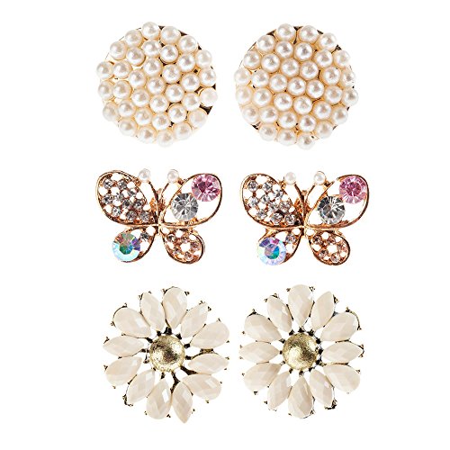 Unique Set of 3 Pairs Luxurious Sparkly Earrings/Ear Studs In Round Mushroom Head, Butterflies And Flower Shapes Bejewelled With White Pearls/Beads, White And Colorful Crystals/Rhinestones By VAGA