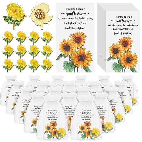 36 Sets Gold Yellow Sunflower Brooch Pins with Sunflower Thank You Cards and Mesh Drawstring White Organza Bags for Women Employee Wedding Favors Thank You Gifts(Classic)