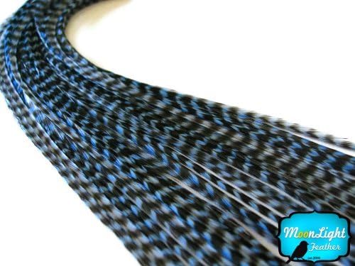Moonlight Feather, Hair Extension Feathers - XL Light Blue Thin Grizzly Rooster Hair Extension Feathers - 11.5+ Inches Long - 6 Pieces Per Pack