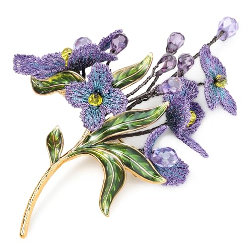 Image of Forget me not Flower Brooch Handmade Gold Thread Embroidered and hand-Drip Enamel leaf, Gradient Botanical Floral Brooch pins for women, SHE'S FREE STYLE JUST FOR YOU [Bencao Gangmu Series]Vintage Plant Jewelry