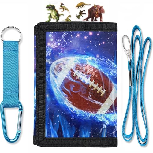 Blue Fire 3D Rugby Ball Print Kids Wallet for Boys Girls Teens Trifold Canvas Wallet for Men Moneybag With Coin Pocket And Id Window, Portable Sport Card Holder Pocket for Male
