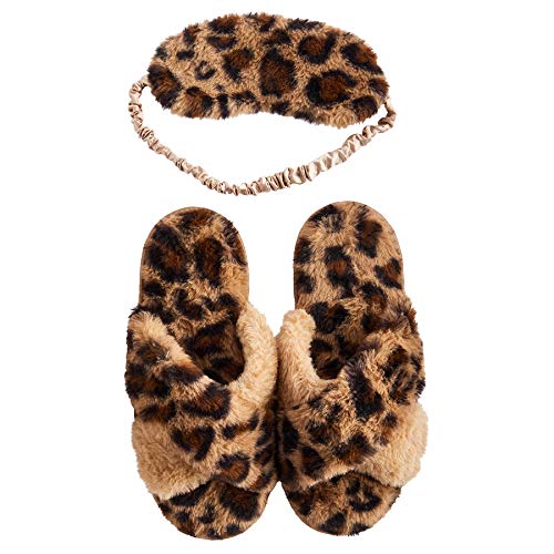 Mud Pie Women's Leopard Fuzzy Slipper and Eyemask Set