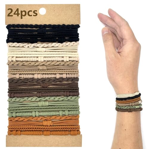 Hebterrka 24 Teiliges Boho Armband Haargummi Set,Boho Haarbänder Zopf Haarbänder,Pferdeschwanz Halter mit 6 Farben und 4 Stilvollen Designs für Damen
