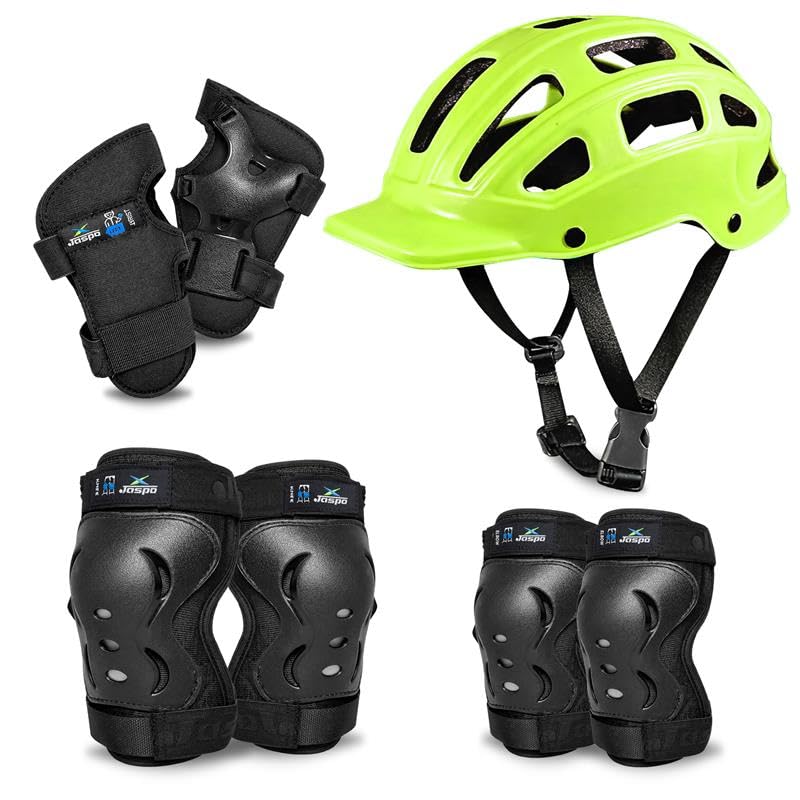 Image of Jaspo Tyro Complete Protective Gear Set for Kids | Helmet with Knee Pads, Elbow Pads & Wrist Guards for Skating, Cycling & Skateboarding (Neon) (6-14 Years)