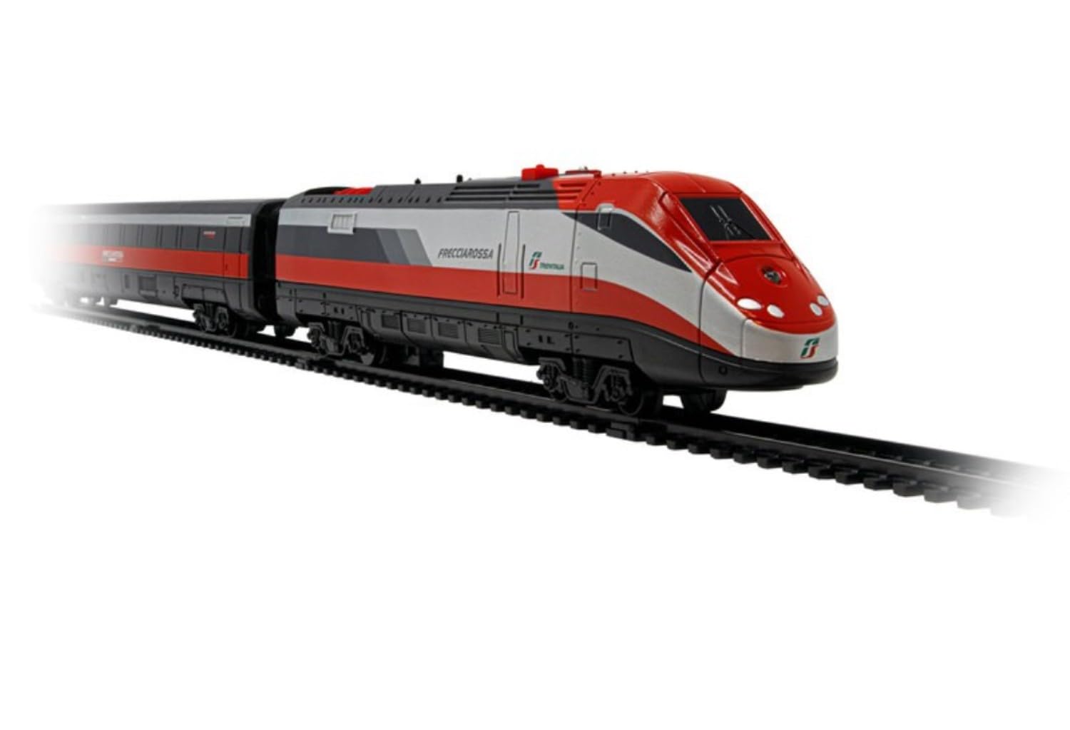 Pista Trenitalia Frecciarossa ERT 500 Scala 1:43 con luci e Suoni - Treno Giocattolo 2 locomotive 2 vagoni e 3 tracciati binari- Funzionamento a Batteria + portachiave cubo