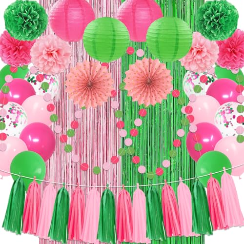 Pink and Green Party Decorations Witch and Princes Balloons Paper Pom Poms Foil Fringe Curtain Paper Tassel Garland Fans Lanterns Circle Dots Garland for Birthday Baby Shower Bridal Shower Supplies