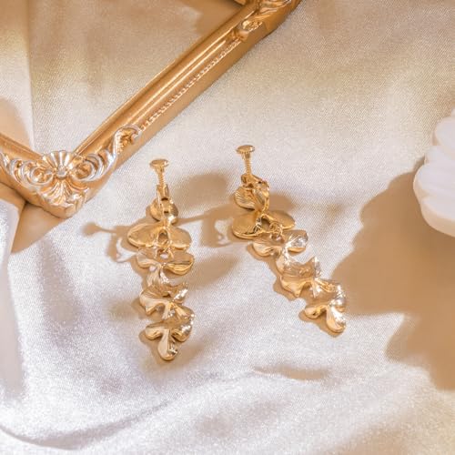 LAXPICOL Gold Clip On Earrings Flower Dangle Drop Earrings For Women No Piercing Flower Earrings4