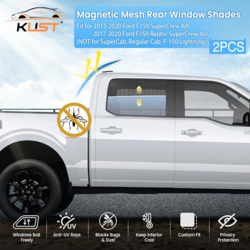 Image of KUST Car Window Shades for 2015-2020 Ford F150 F-150 Raptor SuperCrew 4dr Accessories, Breathable Mesh Magnetic Window Covers, Rear Side Sun Shades UV Block Privacy Protection for Baby Camping 2PCS