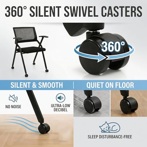 Image of [4 Pack] Folding Office Chair on Wheels, Heavy Duty Conference Chair | Nesting Training Chairs, Breathable Mesh Back, Lumbar Support, Padded Seat, Classroom, Guest Reception, WFH, Meeting Seating