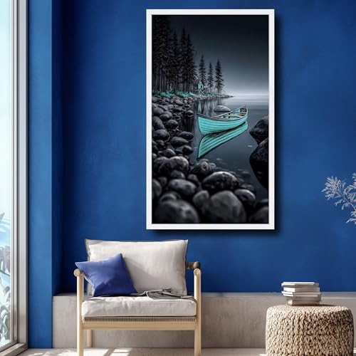 Tableau de paysage lacustre avec canoë bleu et cabane 55x100 cm
