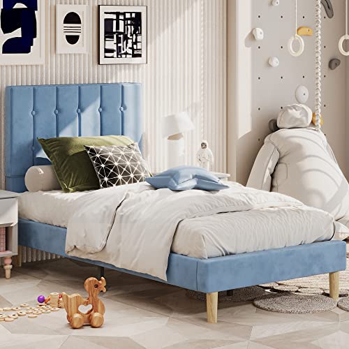 Likimio Twin Bed Frames, Velvet Upholstered Twin Platform Bed Frame With Headboard And Strong Wooden Slats, No Box Spring Needed/Noise-Free/Easy Assembly, Light Blue #TOP2