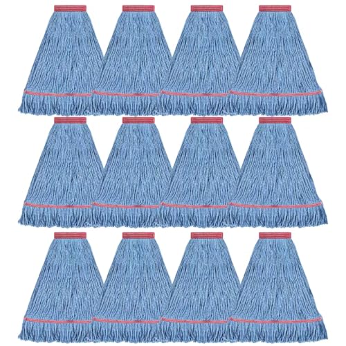Image of Matthew Cleaning 20oz Heavy Duty Mop Head Commercial Replacement for General and Floor Cleaning , Wet Industrial Blue Cotton Looped End String Head Refill (Case of 12) Blue