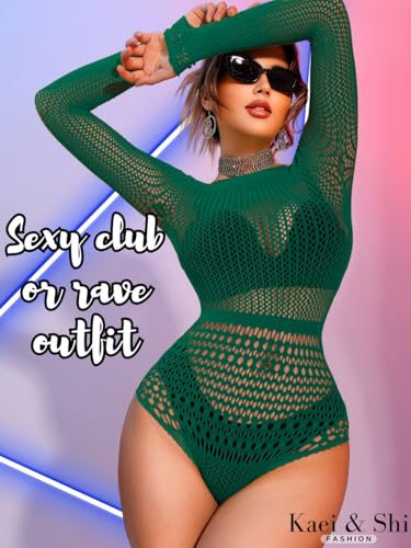 Image of Kaei&Shi Sexy Hollow Rave Outfits, Fishnet Bodysuit Fits US Women Sizes 0-18, Sheer Lace Glow Party Tops Festival Mesh