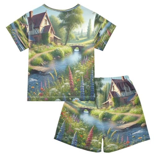 Cottage Stream Flowers Cute Pajama Set Short Sleeve PJS 2 Piece Summer Pajamas Shorts Sets Cotton 5Y2